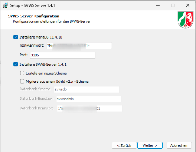 Wählen Sie die Optionen für den Server und die Datenbank. Serverkonfiguration bei der Installation