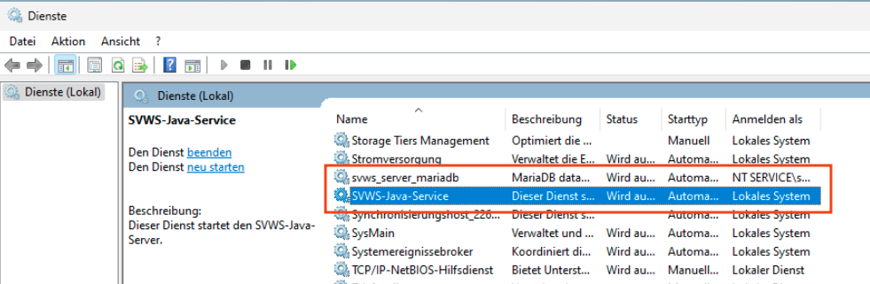 Der Dienst für den SVWS-Java-Service ist hervorgehoben. Windows-Dienste mit dem SVWS-Java-Service-Dienst
