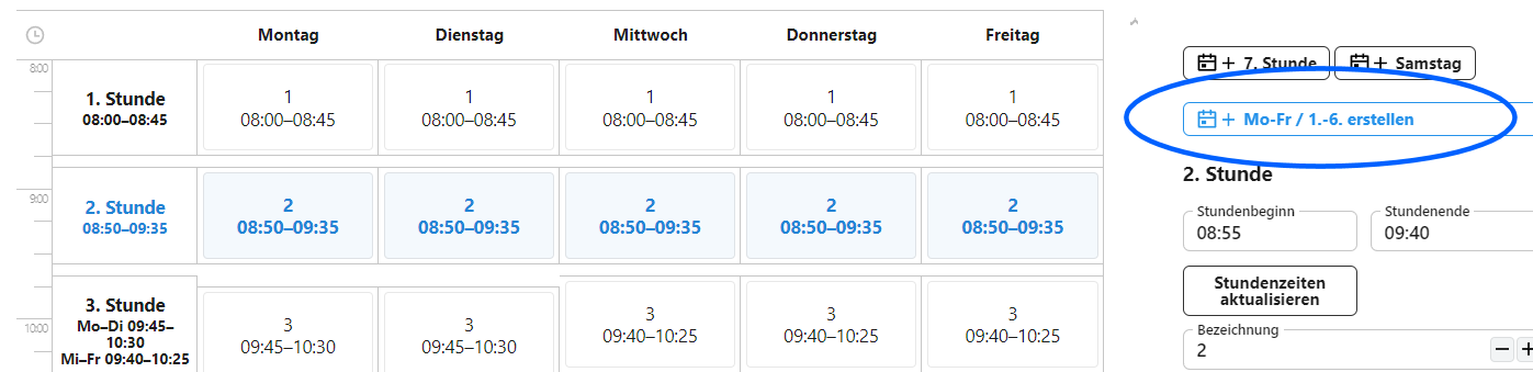 Standardraster Montag bis Freitag hinzufügen