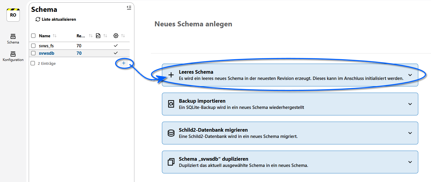 Erzeugen Sie ein neues Schema über das +