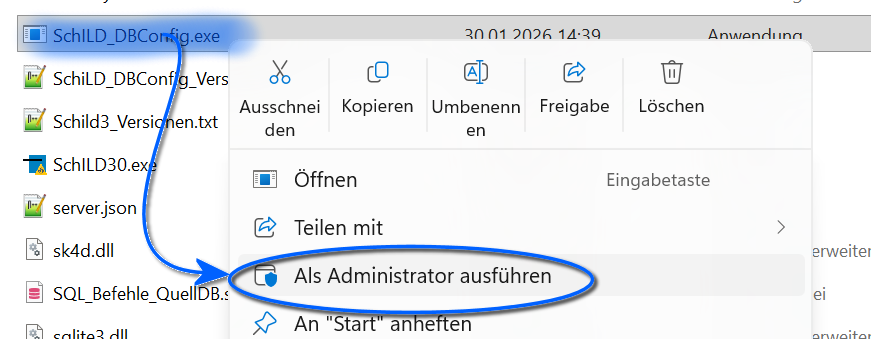 Starten Sie die DBConfig als Windows-Administrator