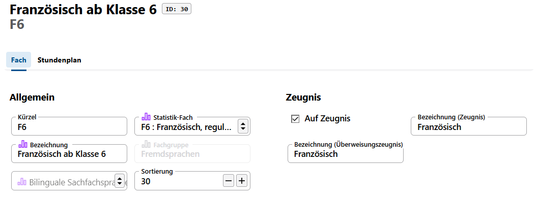 Die Allgemeinen Daten der Fächer wie das Kürzel oder die Bezeichnung