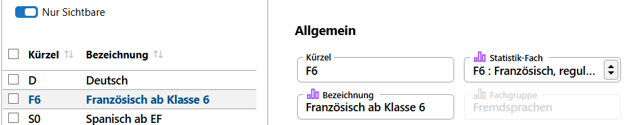 Die Auswahlliste für die Auswahl von Fächern mit den Sortieroptionen