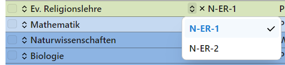 Für ein Fach und einen Jahrgang zur Verfügung stehende Kurse