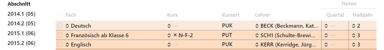 Übersicht über die Fächer und und Kurse in einem Lernabschnitt