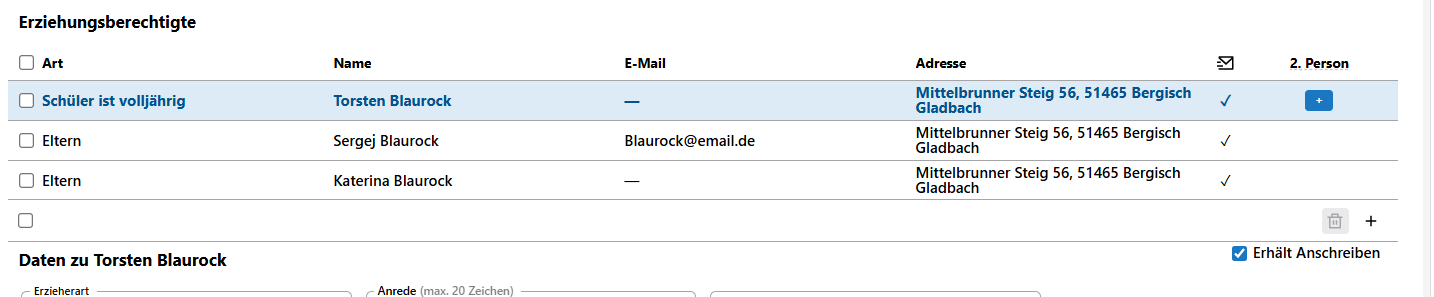Beispieltabelle aller Erziehungsberechtigten
