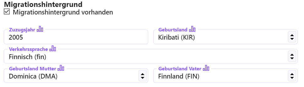 Bei aktiviertem Haken "Migrationshintergrund vorhanden" kann dieser erfasst werden