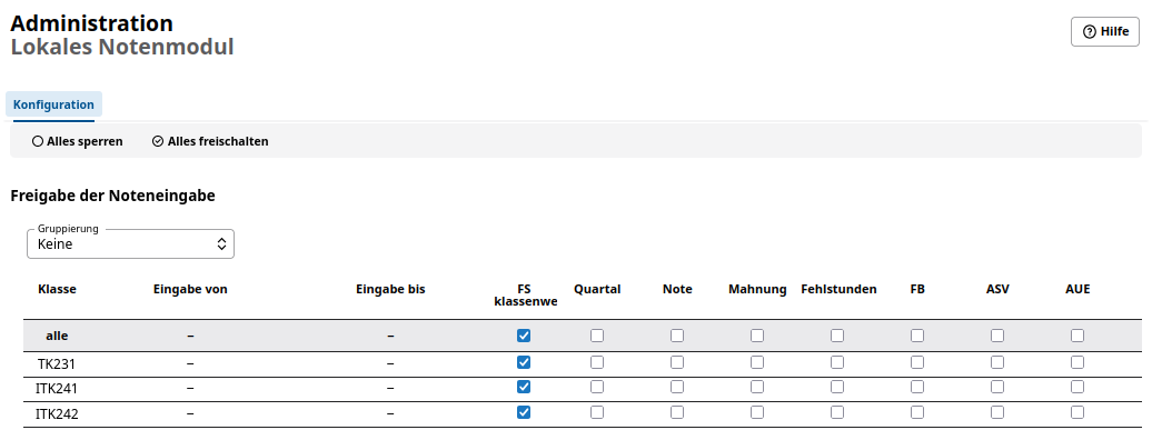 Administration des Lokalen Notenmoduls Serververbindungen