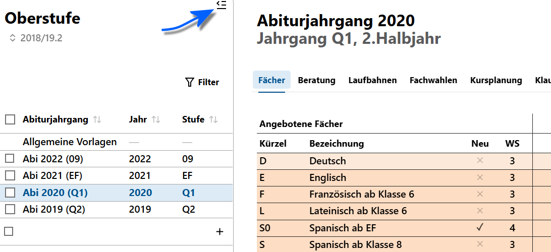 Konfigurieren Sie Ihre Abiturjahrgänge. Alle Tabs der App Oberstufe haben linksseitig die Auswahlliste der Abiturjahrgänge