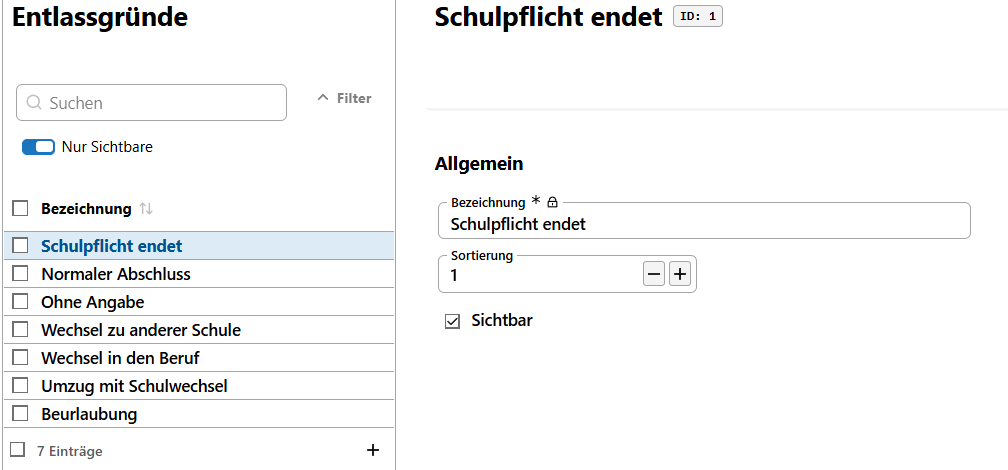 Legen Sie an der Schule verwendete Entlassgründe fest. Katalogübersicht der definierten Entlassgründe