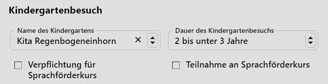 Mit den definierten Kindergärten kann der Kita-Besuch in der App Schule unter Schulbesuch erfasst werden. Kita-Eintrag in der App Schule unter Schulbesuch