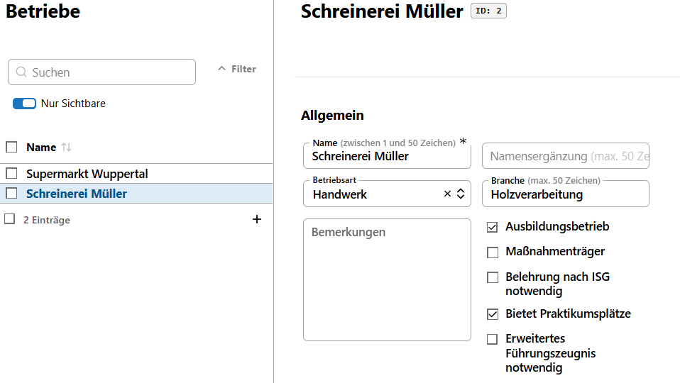 Wählen Sie einen Betrieb aus und setzen Sie die allgemeinen Details. Auswahlliste der Betriebe mit den Details