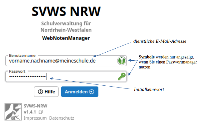 Loggen Sie sich mit Ihrer dienstlichen E-Mail-Adresse und dem erhaltenen Initialpasswort beim WeNoM Ihrer Schule ein. Anmeldefenster zum WebNotenManager